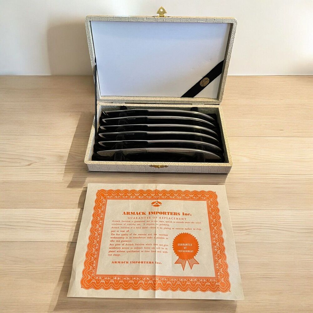 Vintage Set 6 Armack Steak Knives Original Box Japan Stainless Serrated Steel